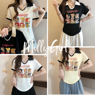 Mollygirl เสื้อครอปคอปก เสื้อยืดไหมพรม ลายการ์ตูน 89072#