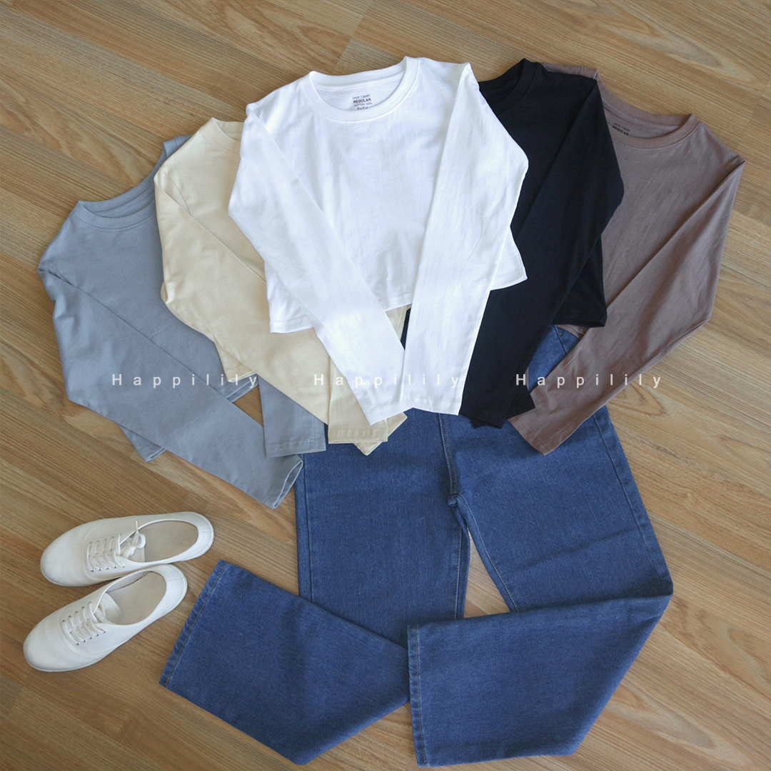Happilily เสื้อครอปแขนยาวCrop Top regular ผ้าคอตตอน100% เสื้อยืดคอกลม