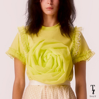 TandT - "LEMON BLOOMING T" Rose-On-Top Trimmed Cotton Jersey T-shirt เสื้อยืดคอกลมตกแต่งระบายแ