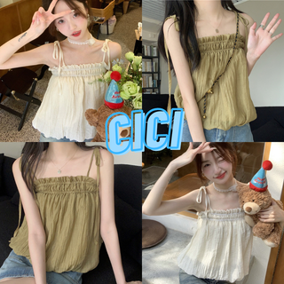 Cici(NO.WK893)เสื้อสายเดี่ยวผูก ผ้าชีฟอง แต่งดีเทลสม็อคช่วงอก+จั๊มปลายเสื้อ