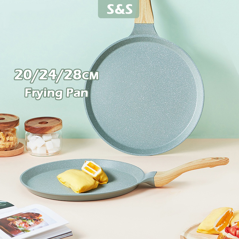 S&S 20/24/28cmกระทะทอดสีเขียวกระทะอาหารเช้าไม่ติดเหมาะสำหมาะสำหรับเตาแก๊สและเตาแม่เหล็กไฟฟ้า