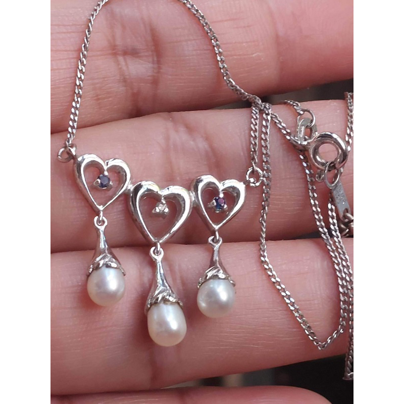 สร้อยคอเงินแท้ 925 แบรนด์LELจี้ไข่มุกแท้ประดับไพลินและเพชรแท้