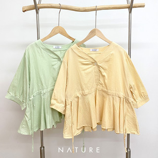 🍎 ลด45.-โค้ดWYQESS🍋nature.bkk - TPN7003 เสื้อริ้วลายโบว์ texture ribbon v top