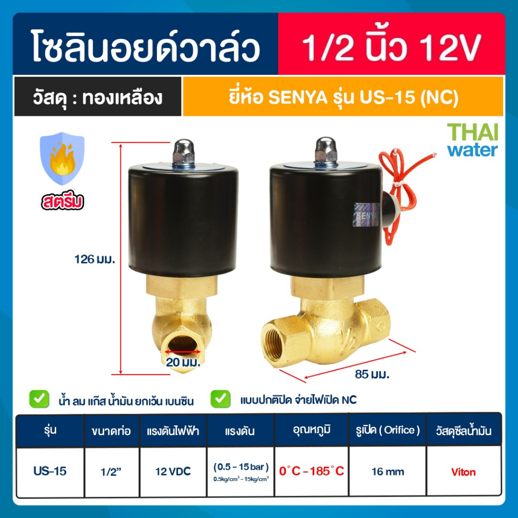 SENYA Solenoid valve โซลินอยด์วาล์วทองเหลืองสตรีม US 185 องศา โซลินอยด์วาล์ว วาล์วไฟฟ้า วาล์วน้ำ วาล์วลม แบบปกติปิด
