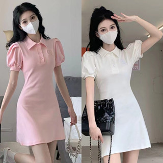 เดรสแขนสั้นโปโลผูกเอว เดรสหวานแขนพัฟฝรั่งเศส