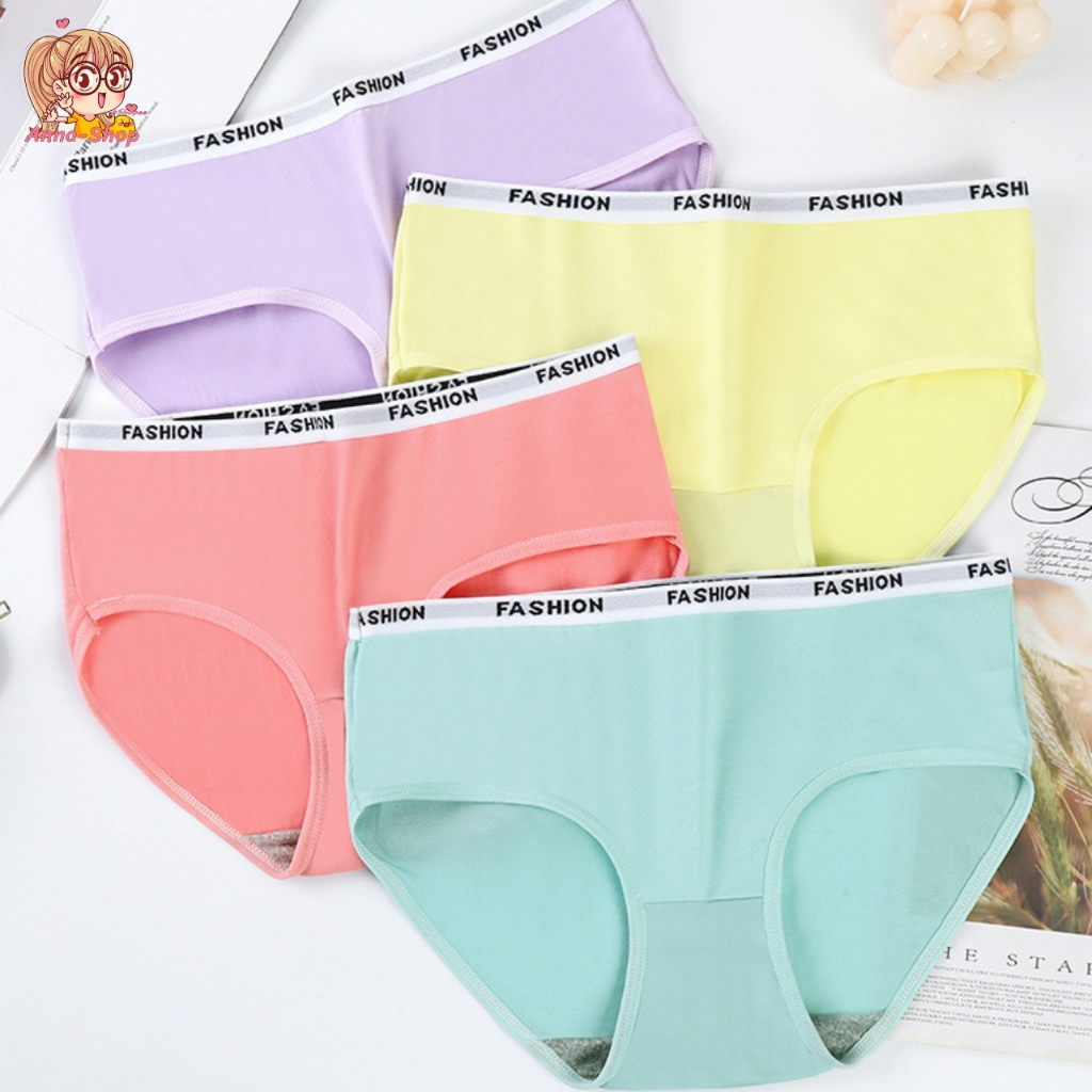 Anna shop กางเกงชั้นในเนื้อผ้า COTTON พิมพ์ขอบลาย FASHION สีพาสเทล สวมใส่สบาย A029