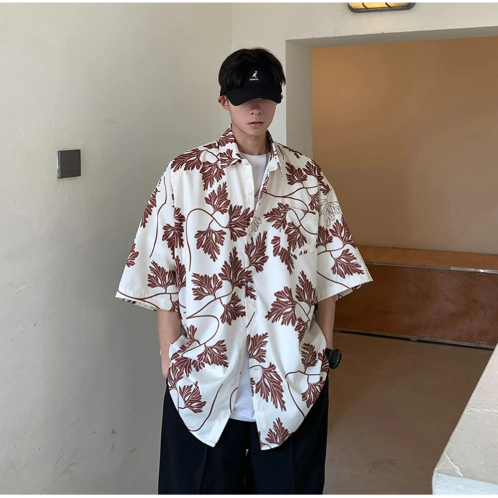 เสื้อเชิ้ตแขนสั้น สไตล์เกาหลี ลายดอกสีแดง ยูนิเซ็กส์ thumbnail 8