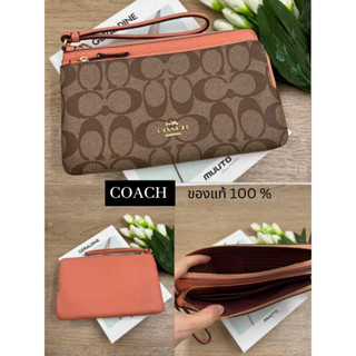 💯% New Coach คล้องมือ 2 ซิป L DOUBLE ZIP WALLET IN SIGNATURE CANVAS COACH C5576