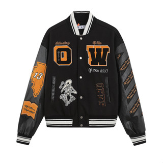 OFF WHITE skull applique woolen stitching leather sleeve jacket