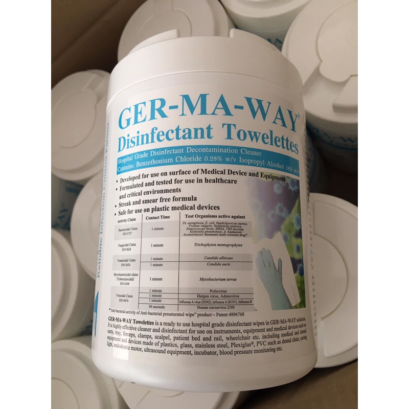 GER-MA-WAY ทิชชู​เปียก​ฆ่าเชื้อพื้นผิวสัมผัสและอุปกรณ์​การแพทย์​ฆ่าเชื้อ180แผ่นต่อกระปุก หมดอายุ 10 
