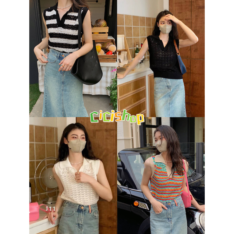 SALE 8.8 Cicishop(T2193)เสื้อไหมพรมแขนกุดคอปก ลายคลื่นน้ำฉลุนิดๆ ใส่หน้าร้อนคือปังเว่อร์