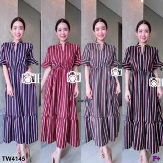 CS4145 แม็กซี่เดรสคอจีนแต่งริ้ว Chinese collar maxi dress with stripes