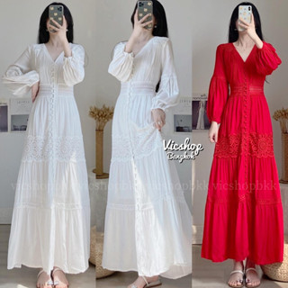 Maxi Dress แม็กซี่เดรสยาว/เสื้อคลุมยาวไปทะเลผ้าสปันเนื้อทิ้งตัวคอวีแต่งผ้าลูกไม้​ ติดกระดุมหน้าแขนยาวจั้มปลาย พร้อมซับใน