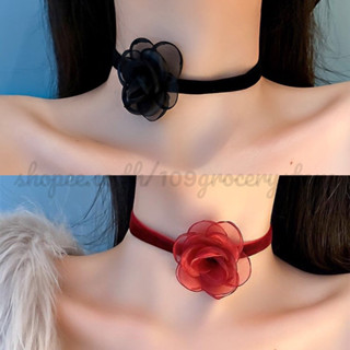 ⭐️CHOKER⭐️สร้อยลูกกำมะหยี่ดอกกุหลาบ ริบบิ้นชีฟอง เครื่องประดับสำหรับผู้หญิง 🥀