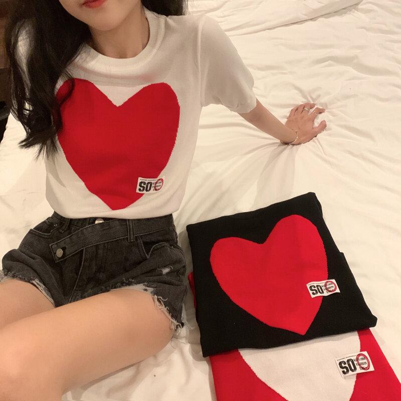 anna 9042 เสื้อยืด เสื้อกันหนาว แขนสั้นไหมพรม งานพิมพ์ตัวใจใหญ่ ทรงหลวมแขนเจ้าหญิง น่ารักมากกก