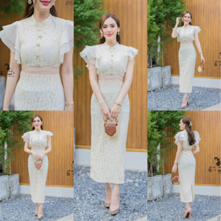 🧡พร้อมส่ง S-4XL🧡ป้าย Si am💕เดรสยาว เดรสลูกไม้สีครีม แต่งแขนร…