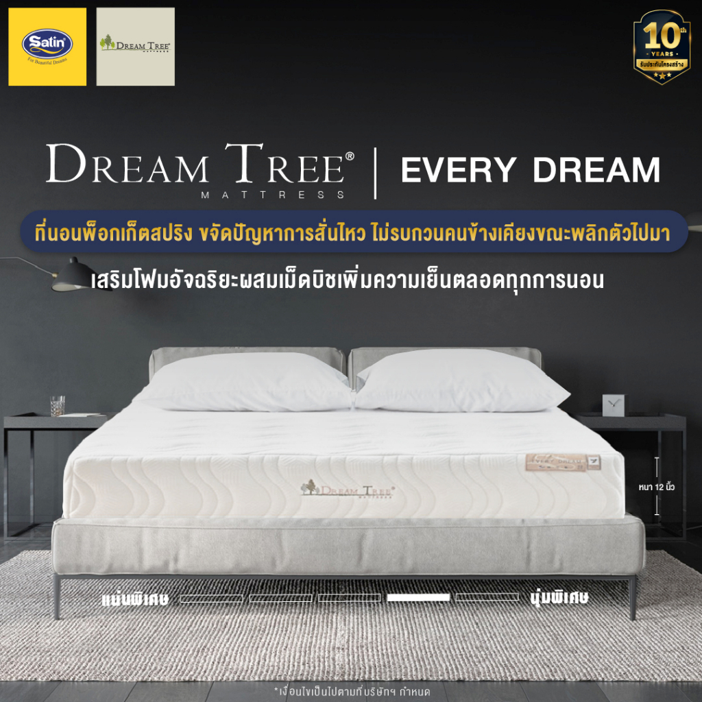 Dream Tree ที่นอนพ็อกเก็ตสปริง รุ่น EveryDream หนา 12 นิ้ว ขจัดปัญหาการสั่นไหว ไม่รบกวนคนข้างเคียงขณะพลิกตัวไปมา ส่งฟรี