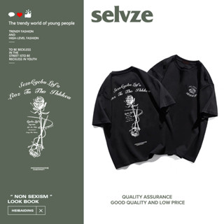 SELVZE （พร้อมส่งจากกทม มาถึงใน 3วัน）print T-shirt สุภาพสตรีดอกกุหลาบพิมพ์หลวมคอแขนสั้นoversize D0037