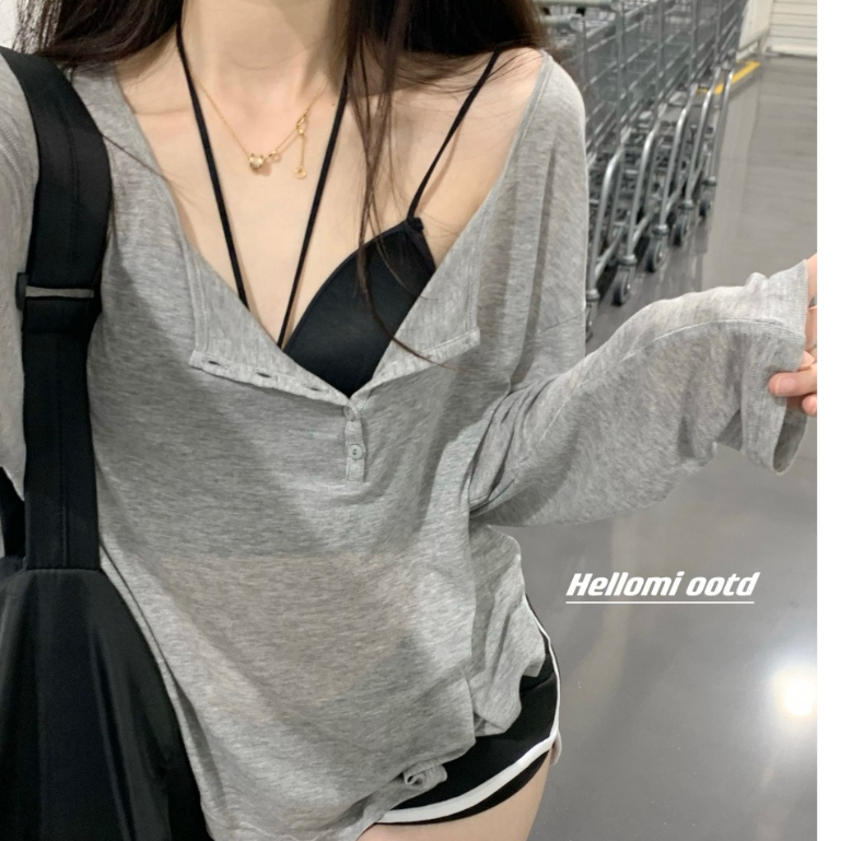 mimi&didiเซ็กซี่เสื้อยืดแขนยาวทรงหลวม คอวี สไตล์เกาหลี เสื้อยืดแขนยาว ผ้าสีทึบ2366