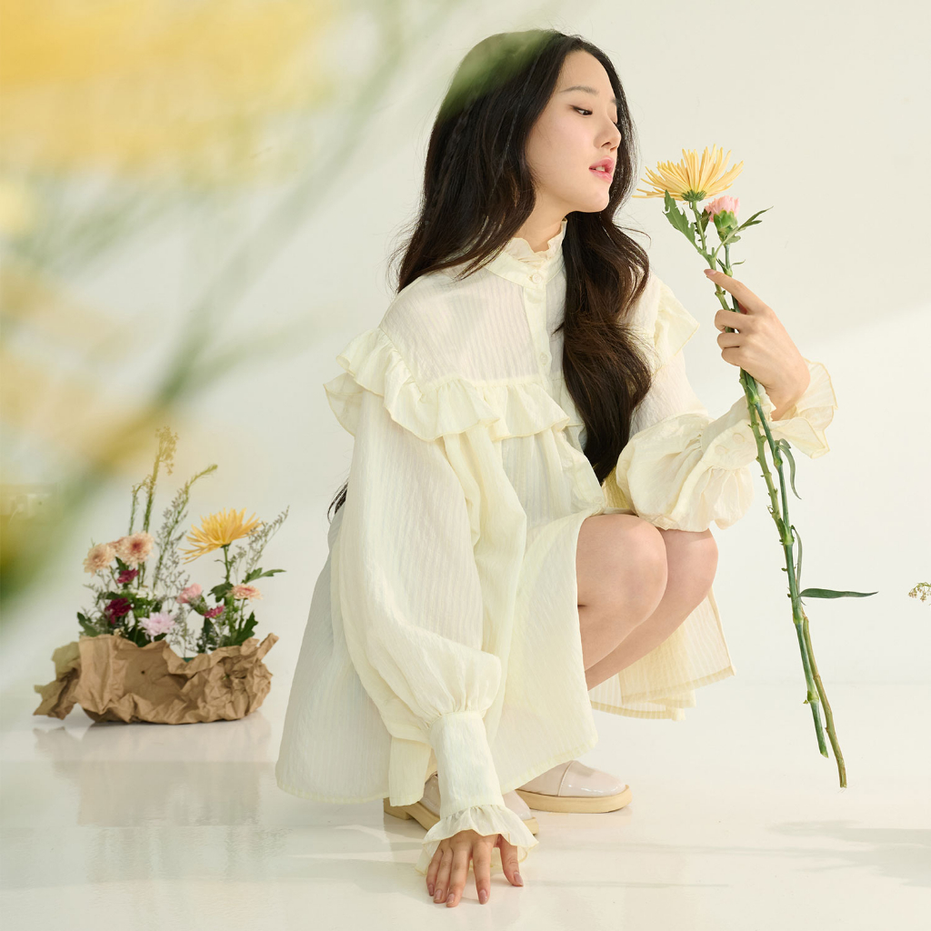 Icyicy Mia Lemon Stripes Shirt TI14601 oversize shirt เสื้อเชิร์ทโอเวอร์ไซส์ ตัดต่อ ระบายอก สีเหลืองเลมอน