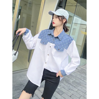 เสื้อเชิ้ตยีนส์ ผ้าคัตตอนต่อผ้ายีนส์ลาย สไตล์รุ่นใหม่