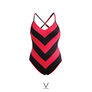 SS2023 RED AND BLACK STRIPE SWIMMING SUIT ชุดว่ายน้ำสายปรับได้ ลายทางดำแดง ผ้าหนา มีฟองน้ำในตัว กัน UV UPF 50+