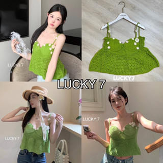 By Ira (2226)เสื้อสายเดี่ยวไหมพรม สีเขียวซัมเมอร์ แต่งตอกไม้สีขาว ดีเทลระบาย น่ารักมาก