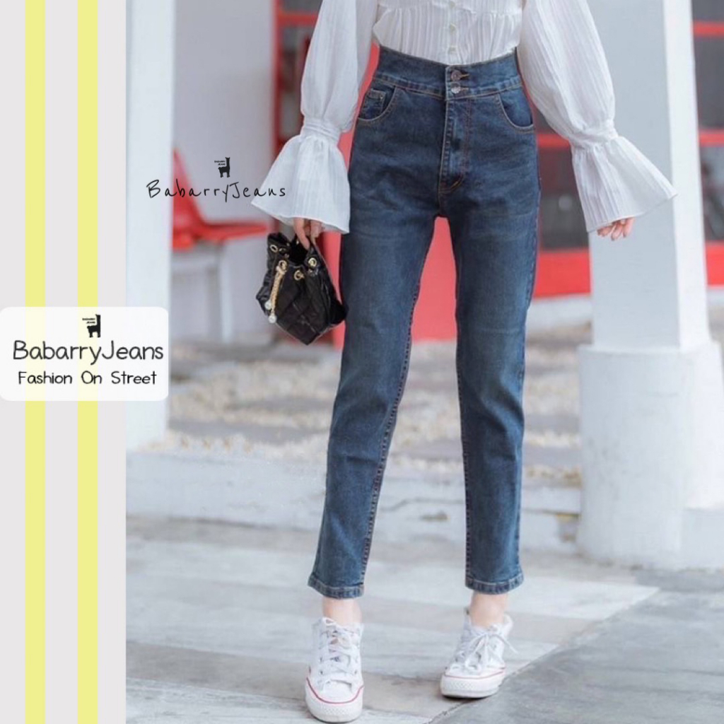 BabarryJeans มีบิ๊กไซส์ S-5XL กางเกงยีนส์ เอวสูง ผ้ายืด ยีนส์ทรงบอย เก็บทรงสวย กระดุมคู่ สียีนส์ฟอกเข้ม