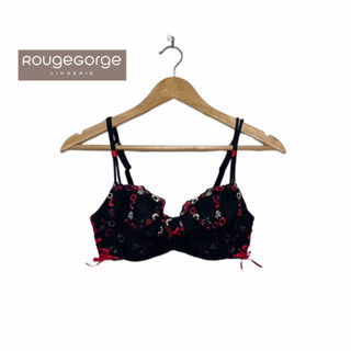 Rouge Gorge(รูจ จอร์จ) Braแบรนด์ดังฝรั่งเศสเสื้อชั้นในลูกไม้ฟองไม่หนาปักละเอียด Sexy สีดำโบว์แดง 80B 75C 70D 75D 80D