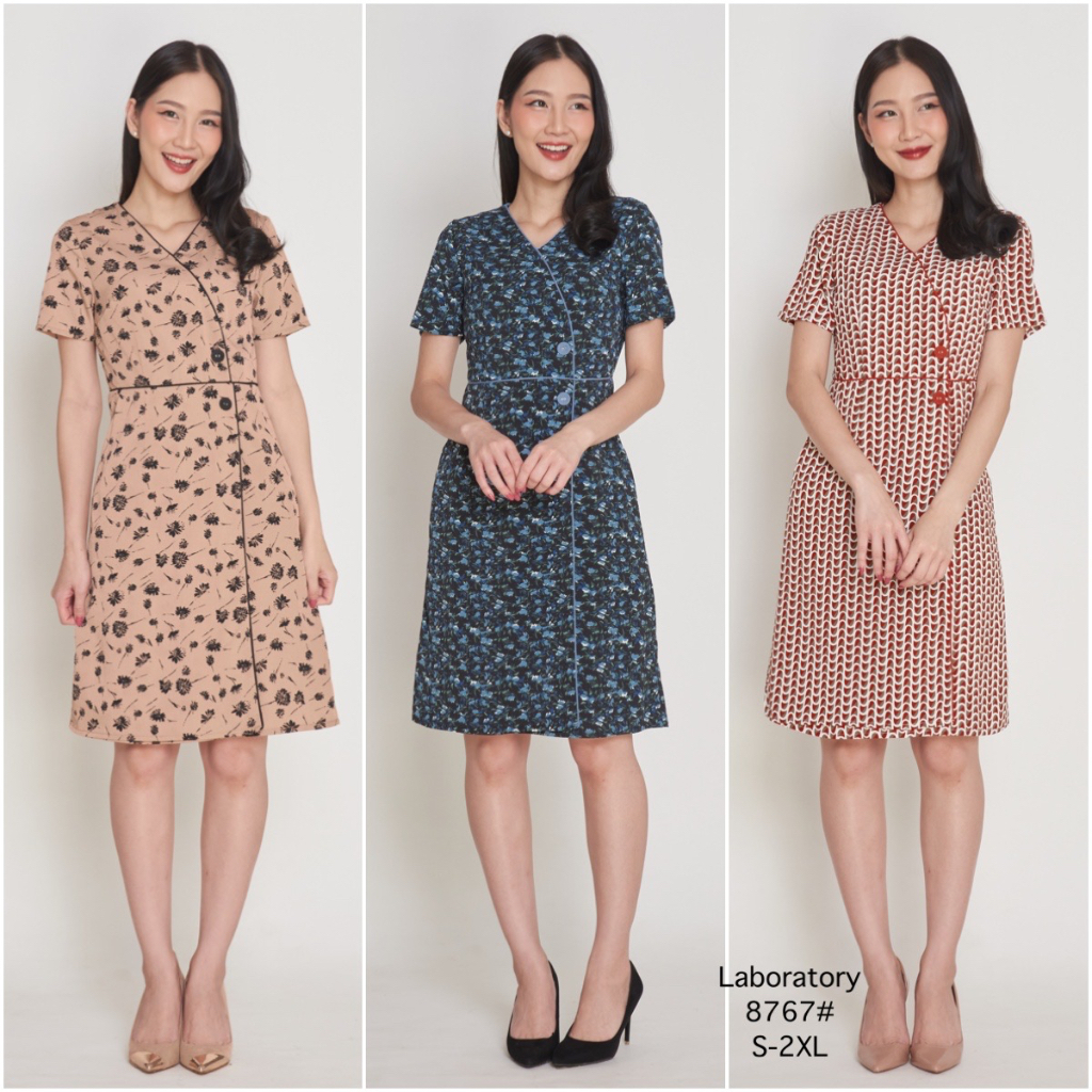 *Laboratory* เดรส 8767# เดรสทำงานผ้าพิมพ์ลาย เนื้อผ้าพลิ้ว Summer dress
