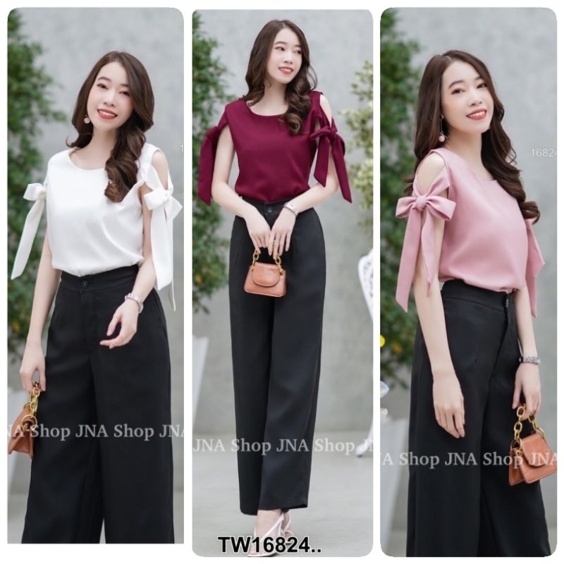 ชุดเซท เสื้อแฟชั่น สีพื้น แขนผูกโบว์ + กางเกงขายาวสีดำ เสื้อผ้าแฟชั่น ชุดทำงาน ชุดออกงาน ทรงเรียบหรู