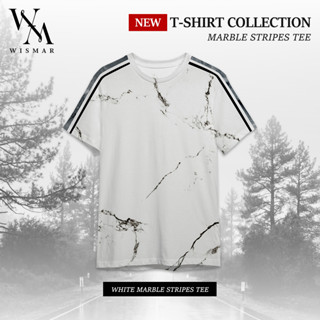 เสื้อยืดลายหินอ่อนสีขาวตกแต่งแถบแขน (New White Marble) :White Marble Striped Tee (Short-Sleeve)