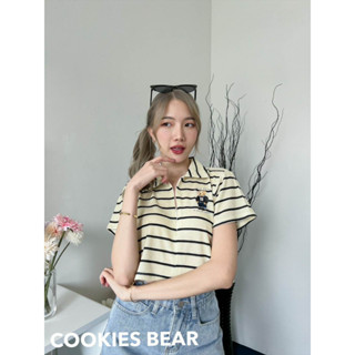 Mini bear crop shirt ครอปเชิ้ตติดซิปรูดด้านหน้า ผ้ารังผึ้งลายริ้ว