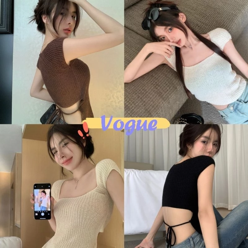 Vogue🌟พร้อมส่ง🌟 เสื้อไหมพรมแขนสั้น คอเหลี่ยม ดีเทลเว้าหลังผูกหลัง (12359-2) -C