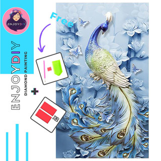 รูปนกยูงดอกไม้ฟ้า ครอสติสคริสตัล 5d diy diamond painting แบบเม็ด ติดเต็ม เม็ดกลม พร้อมส่งจากไทย EnjoyDIY