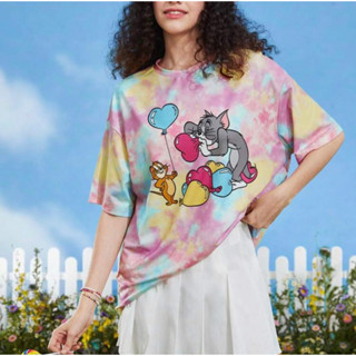 🐱🧀 TOM &amp; JERRY ลิขสิทธิ์แท้💯 เสื้อยืดมัดย้อม โอเวอร์ไซส์ เสื้อพิมพ์ลายมัดย้อม ทอมแอนด์เจอร์รี่ TOM and JERRY oversized