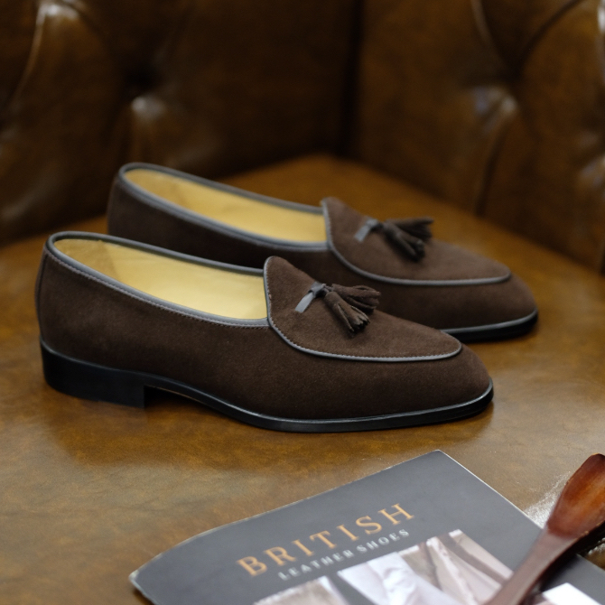 British รองเท้าหนัง Tassel Belgian Loafer Shoes Suede (Brown)
