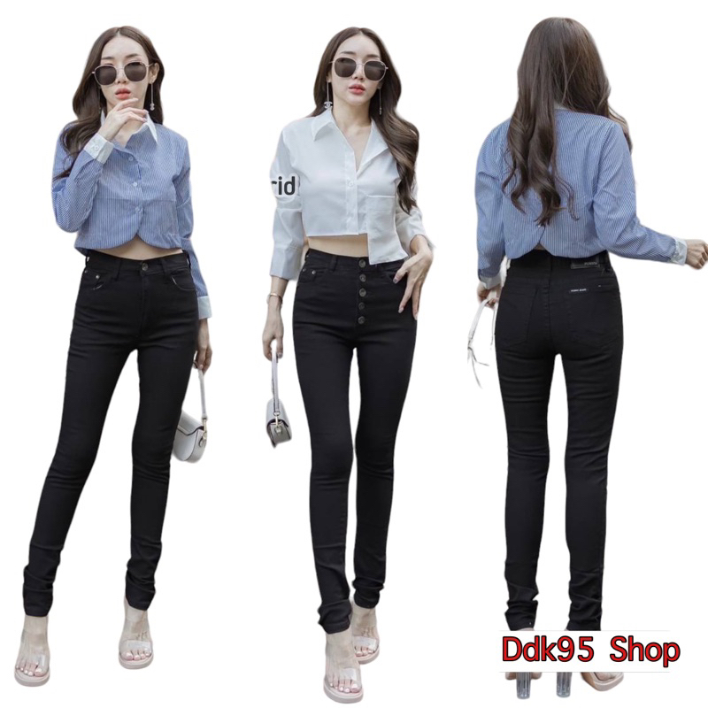 กางเกงยีนส์ขาเดฟสีดำสนิท ซิป/กระดุมผ้ายืดมีถึงBig size ป้ายpunny jeans