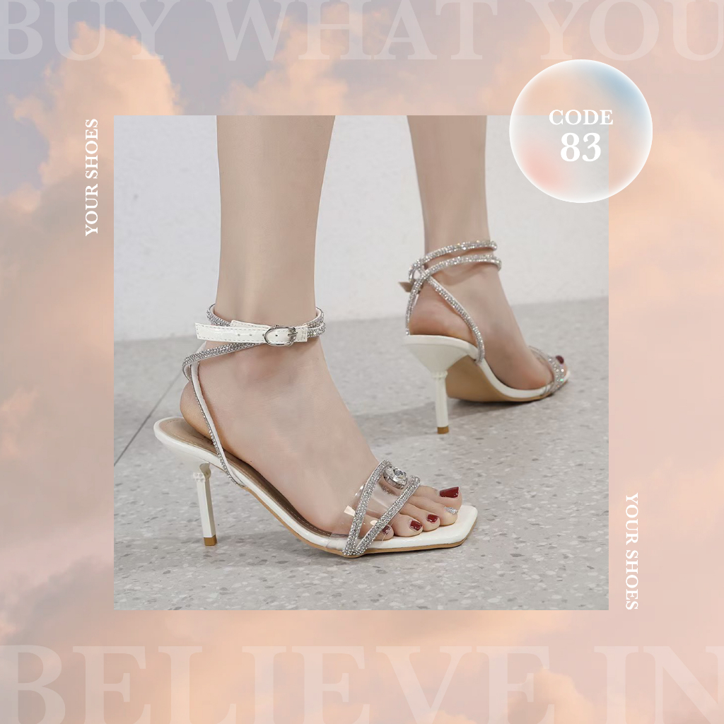 YOURSHOES 83 / รองเท้าส้นสูง 3.5 นิ้ว แต่งสายเพชรพันขา รองเท้าผู้หญิง
