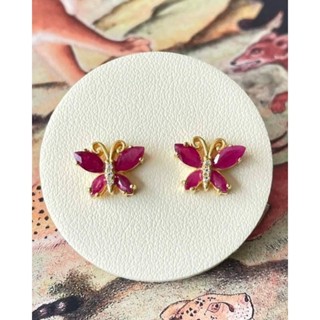 🦋 ต่างหูผีเสื้อ พลอยทับทิมพม่าเผาเก่า ( Burmese Ruby ) มีติดเพทาย ( Topaz ) ใส่ง่าย สวยทุกงาน