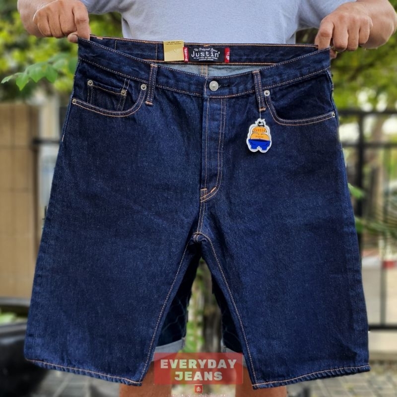 JustinJeans กางเกงยีนส์ขาสั้นผู้ชาย-ลิขสิทธิ์แท้100% รุ่น ซักน้ำ(สียีนส์เข้ม)  ไม่ริมแดง