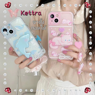 💜Kettra💜ขอบเต็ม ป้องกันการหล่น 11 14 pro max ขาตั้ง ถอดได้ ปลาโลมา ลูกแมว สีชมพู สีฟ้า case for iPhone 12 13