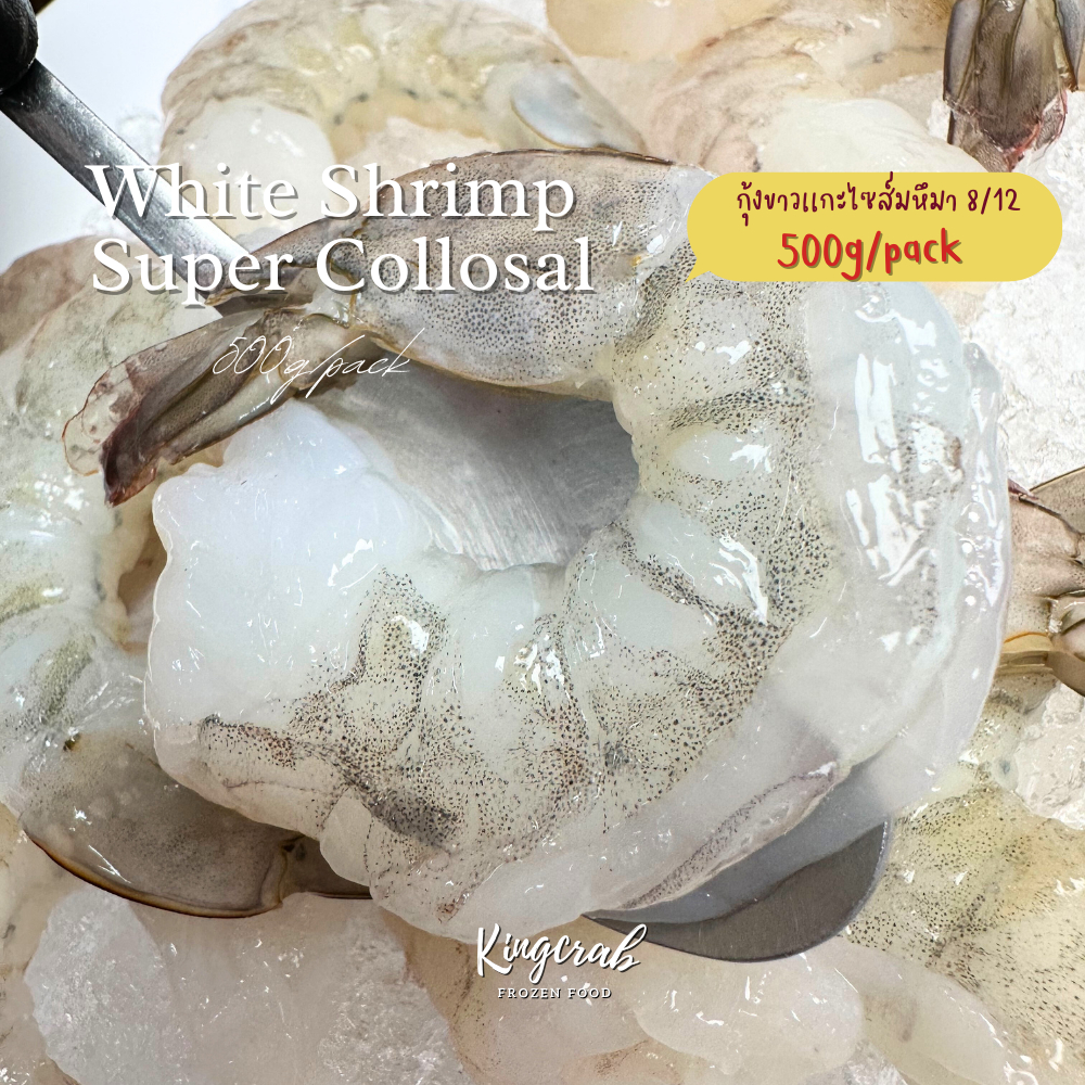 กุ้งขาวแกะไซส์มหึมา 8/12 ตัวต่อปอนด์ JUMBO SHELLED WHITE SHRIMP 8/12lb (NW80%) 500G/PACK