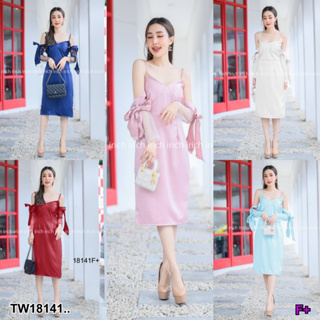 SS18141 เดรสสายเดี่ยว แขนตาข่าย โบว์ 2 ข้าง Spaghetti strap dress, net sleeves, bow on 2 sides