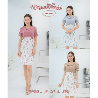 DW9306-DRESS WORLD - เดรส.คอหยักลายดอก (ทักแชทเช็คของก่อนสั่งซื้อ)