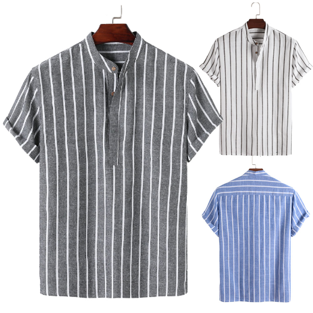 เสื้อคอจีน แขนสั้น เชิ้ตลายทาง #789 ผู้ชาย ผ้าป่าน