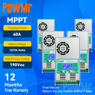Powmr Mppt 60A ตัวควบคุมการเก็บประจุพลังงานแสงอาทิตย์ 12V 24V 36V 48V Max Pv 190 Vdc รองรับแบตเตอรี่ Liad Acid Lifepo4 พร้อมพัดลม รับประกันหนึ่งปี 5 ชิ้น