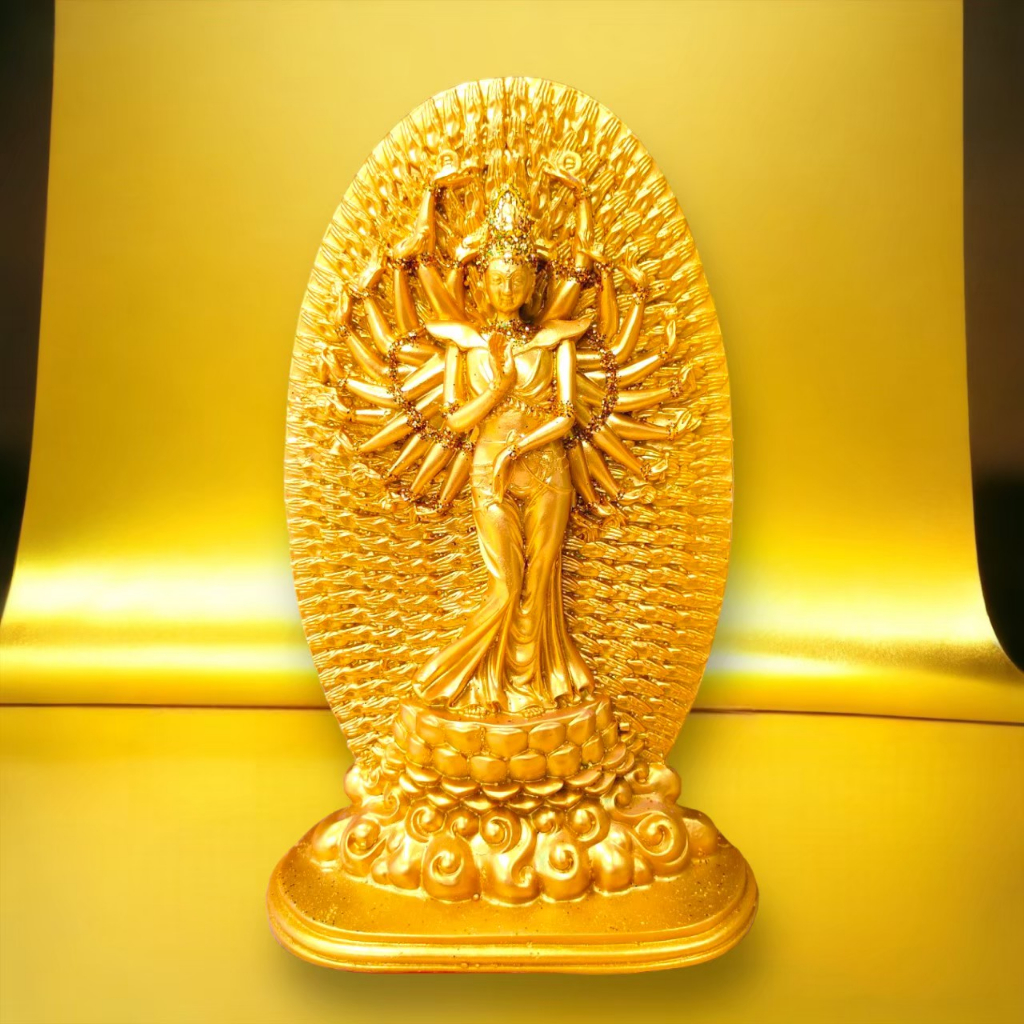 MUT[88]พระโพธิสัตว์กวนอิม หรือพระโพธิสัตว์กวนอิม ปางยืนพันมือ เนื้อเรซิ่น สีทอง ขนาดกว้าง 6 นิ้ว สูง