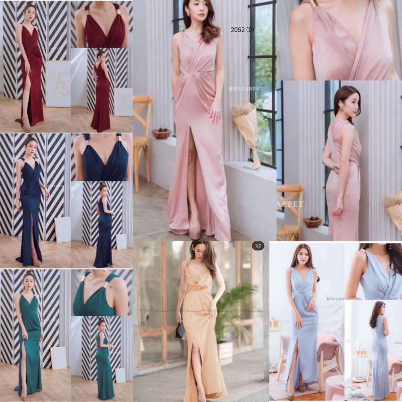 2052 Maxidress เดรสตัวยาวออกงาน เพื่อนเจ้าสาว งานแต่ง คอป้ายชายกระโปรงผ่าแหวก 1 ข้าง