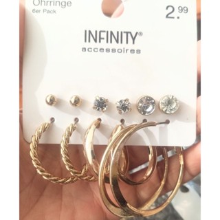 ต่างหูแบรนด์Infinityได้6คู่ในเซตงานเสียบและห่วงสีทองสวย